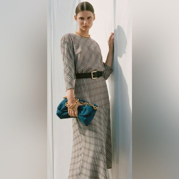 Zara ZW Collection plaid check Linen Blend LS midi dress bloggers favorite LS S - Picture 3 of 10
